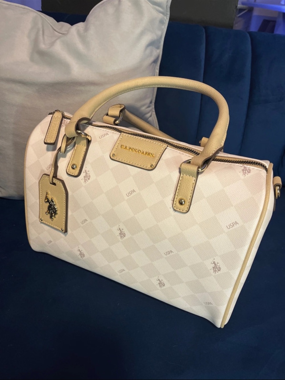 U.S. Polo Assn. Cream Satchel with Tan Trim and Gold Hardware